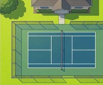Aerial view of a backyard pickleball court with court lines and perimeter fence