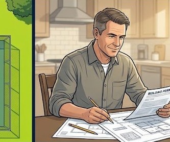 Homeowner reviewing pickleball court building permit documents at kitchen table