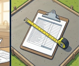 Building permit checklist clipboard resting on freshly poured concrete slab