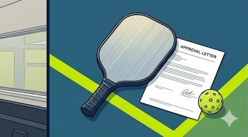 Pickleball paddle and HOA approval letter resting on a court surface